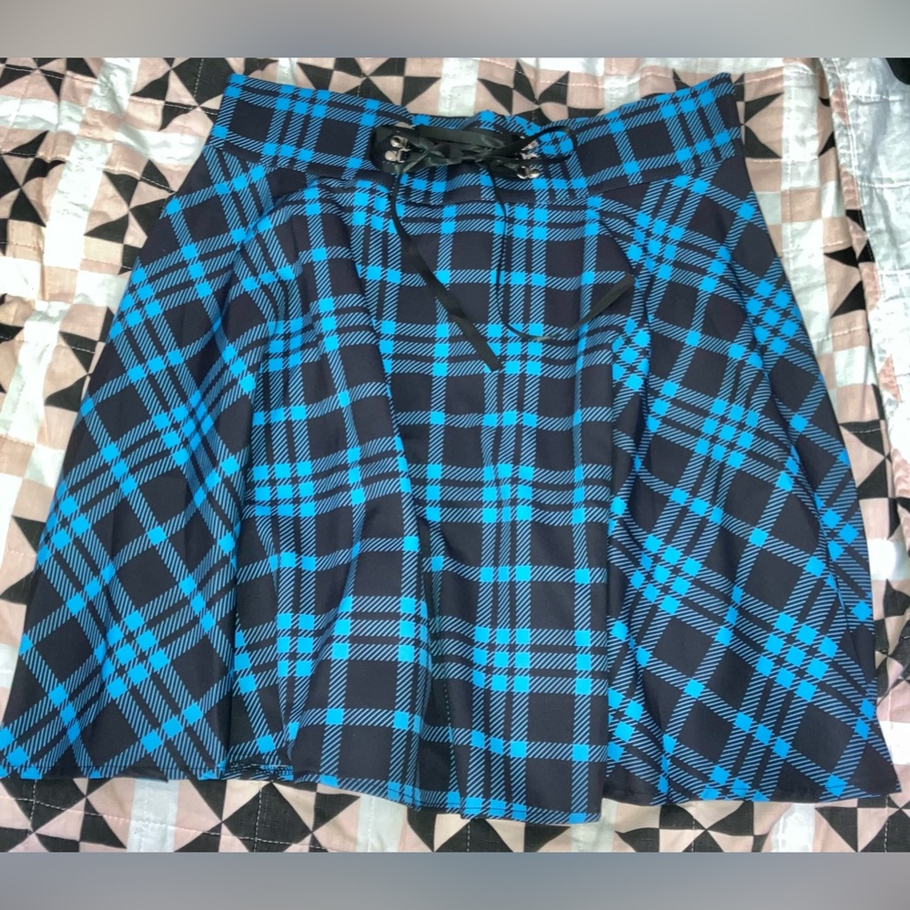 GOTH Punk Rock Plaid Skater Skirt women’s Sz XL corset ribbon tie Blue/Black NEW